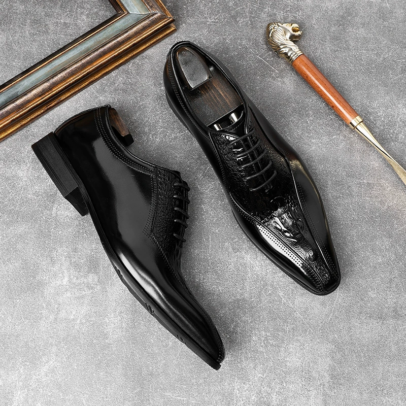 Кожаные туфли Мужская официальная Мужская обувь из натуральной кожи с острым крокодиловым узором, модная мужская повседневная обувь из воловьей кожи, модная обувь для стилистки
