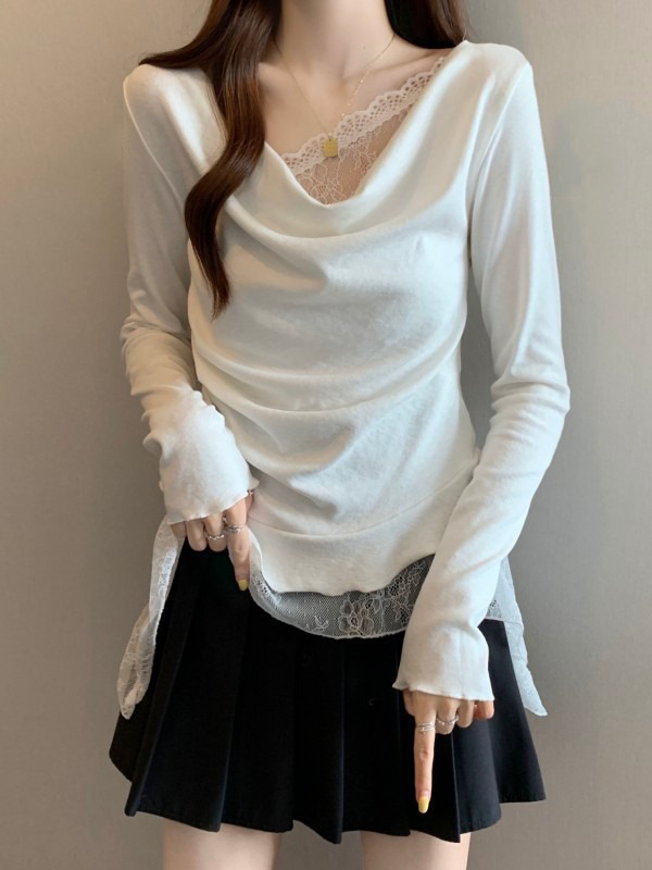 French Lace Swing Collar Long-Sleeved Shirt for Women Early Autumn Large Size Fat Pinch Waist Beautiful Shirt Fake Two-Piece Top