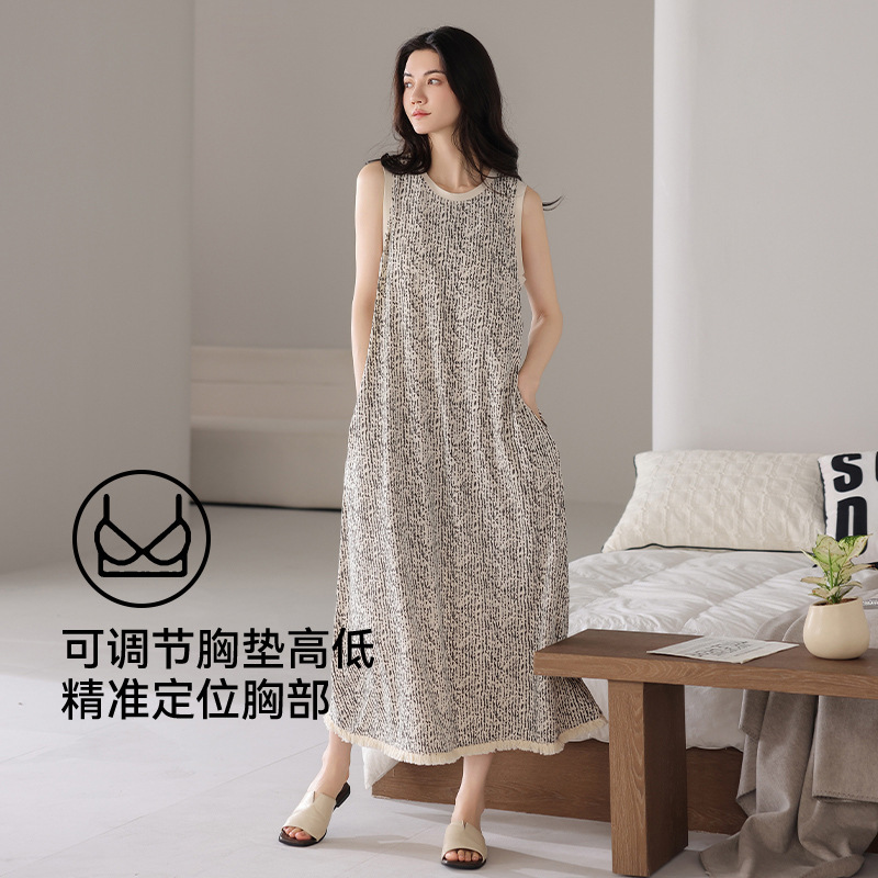 胸パッド付き女性用ナイトガウン夏モーダル薄手ベストロングスカート2025新しい夏のパジャマスカートノースリーブ|undefined