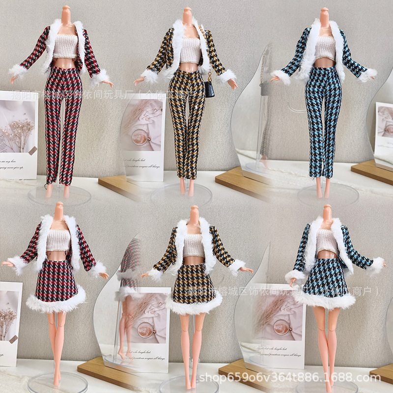 11inch Barbie 30cm Doll Clothing Set Winter Raw Edge Houndstooth Suit Dress up Princess Clothing Fashion