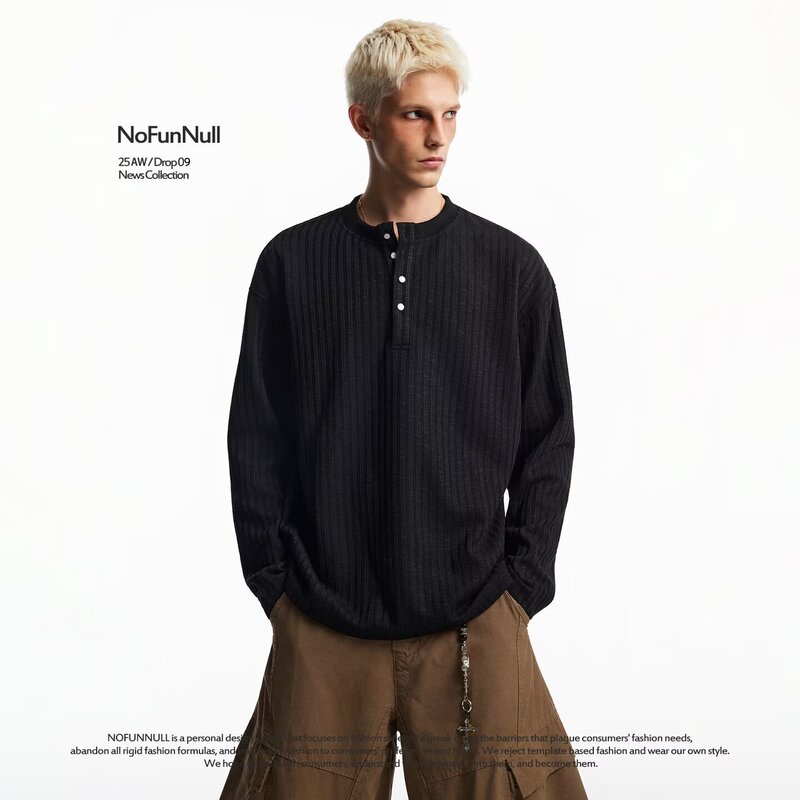 Long-Sleeved T-Shirt for Men in Autum American Vintage Inner Layering Shirt Old Money Style Henry Collar Textured Sweatshirt for Outer Wear