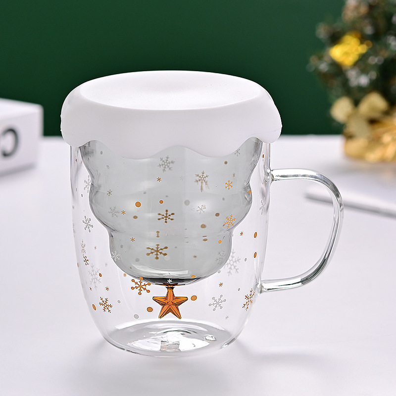 Taza navideña de vidrio de doble capa con asa, diseño de estrella y deseos, ideal para leche o jugo