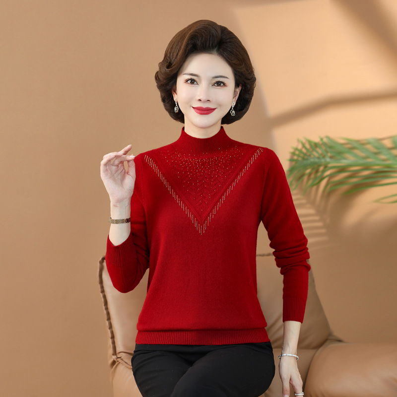 洋气中老年羊毛衫打底衫女式半高领妈妈装秋冬纯毛针织衫，女装针织衫/毛衣，妃慕昵服饰