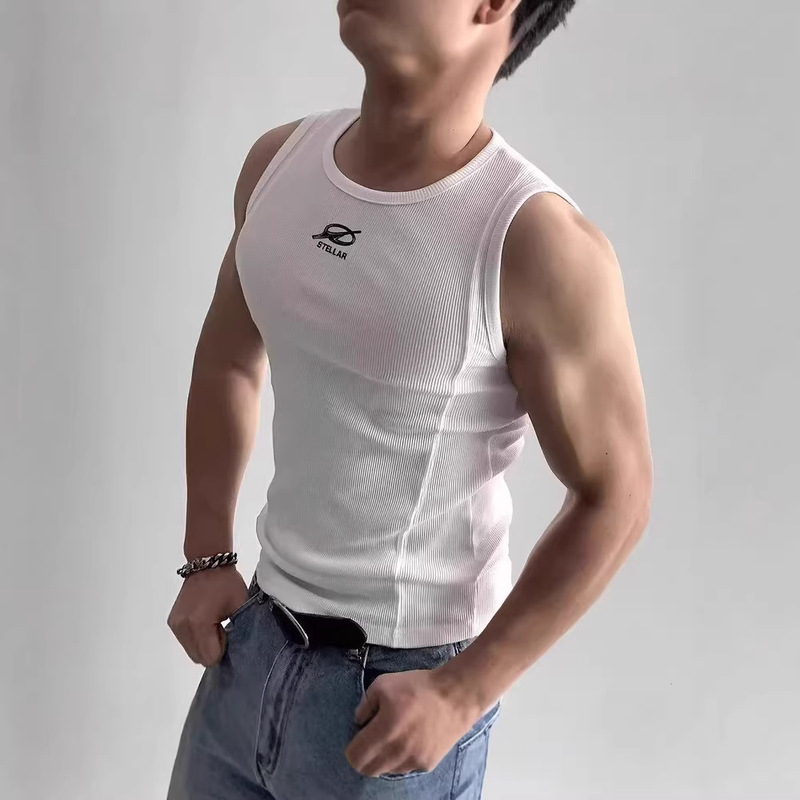 American-Style Ice Silk Ribbed Base Layer Tank Top for Men, Tight-Fitting Elastic Sleeveless T-Shirt with Large Neckline and Curved Splicing Design American-Style Ice Silk Ribbed Base Layer Tank Top for Men, Tight-Fitting Elastic Sleeveless T-Shirt with Large Neckline and Curved Splicing Design