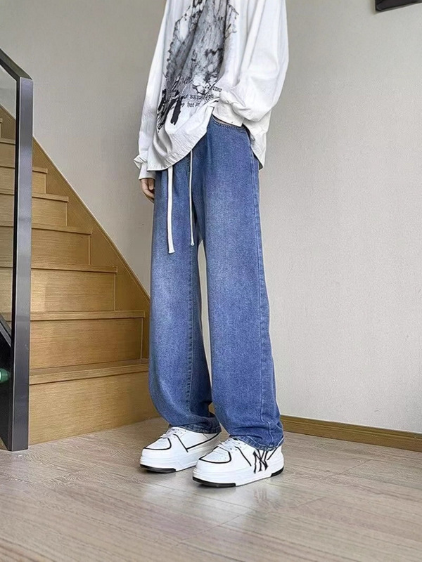 秋冬加绒直筒牛仔裤男士潮牌美式高街阔腿复古垂感水洗休闲长裤子|undefined