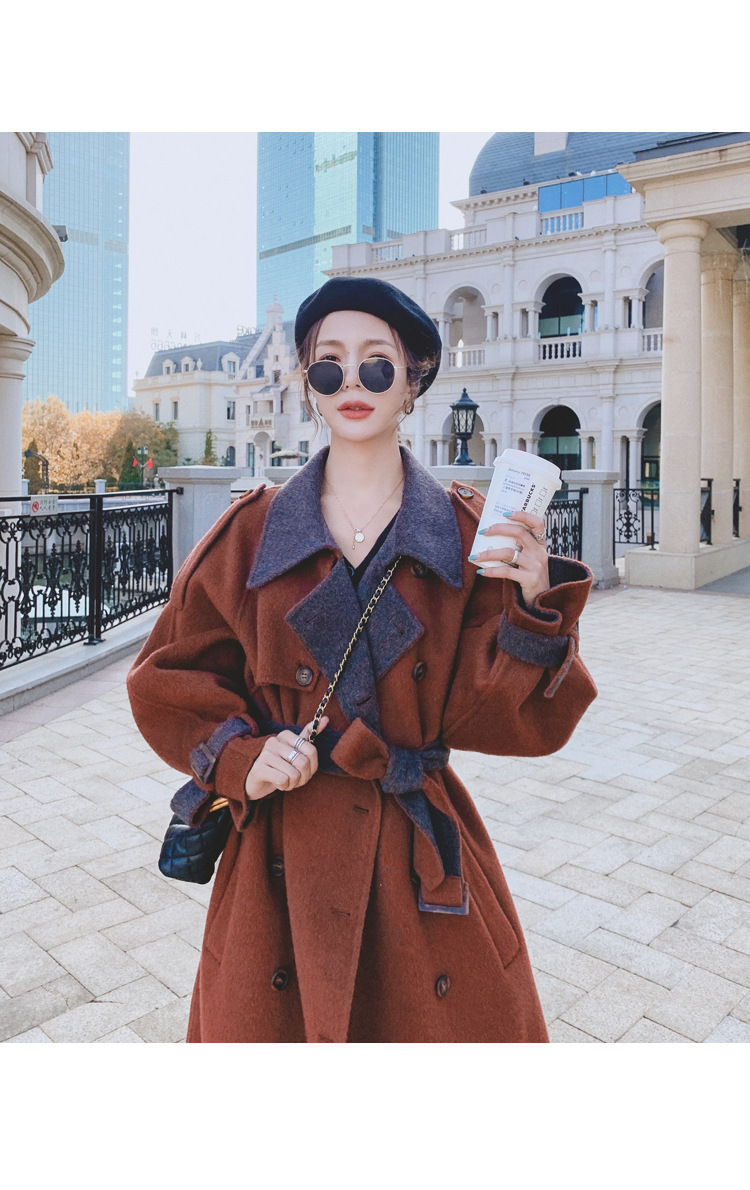 Women's Long Woolen Coat Brick Red Hepburn Style Winter Overcoat_voghion.com