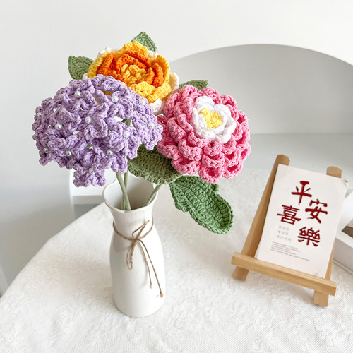 Hand-knitted artificial flowers, lotus peonies, bouquets, home desktop ornaments, immortal flowers, woven flower finished products, wholesale