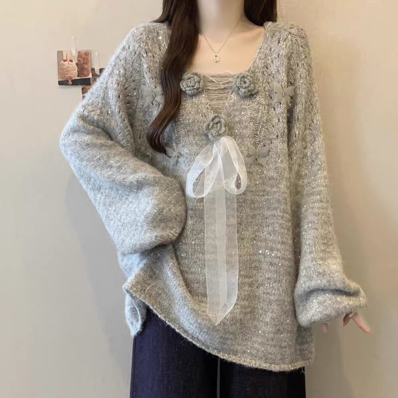 立体花朵亮片V领针织衫毛衣女款春秋2025大码胖mm法式蝴蝶结上衣|undefined
