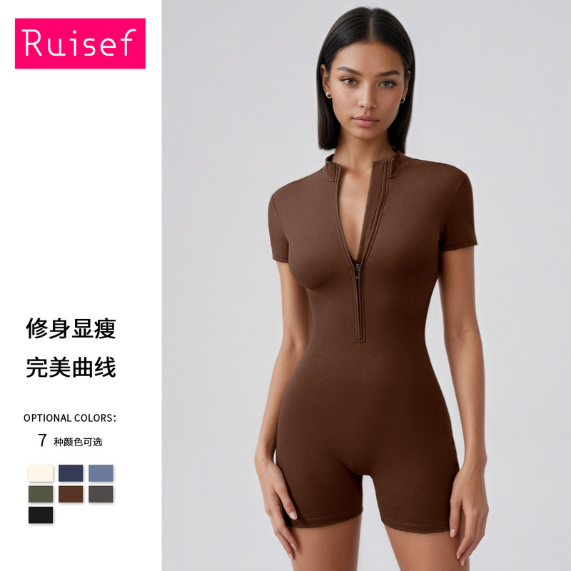 New Cross-Border European and American Style Nude-Feel Zipper Short-Sleeve Yoga Jumpsuit for Women, Dance Fitness Tight-Fitting Sports Bodysuit New Cross-Border European and American Style Nude-Feel Zipper Short-Sleeve Yoga Jumpsuit for Women, Dance Fitness Tight-Fitting Sports Bodysuit