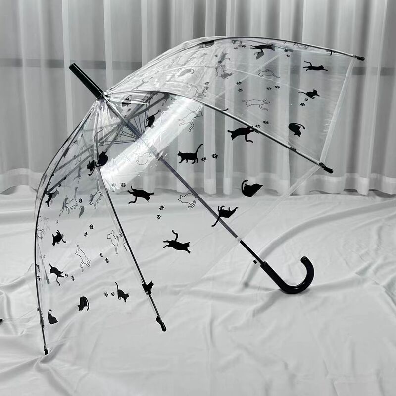 Japanese Cat Story! Fresh and Artistic Style Adult Student Children High-End Lightweight Long Handle Transparent Umbrella for Women