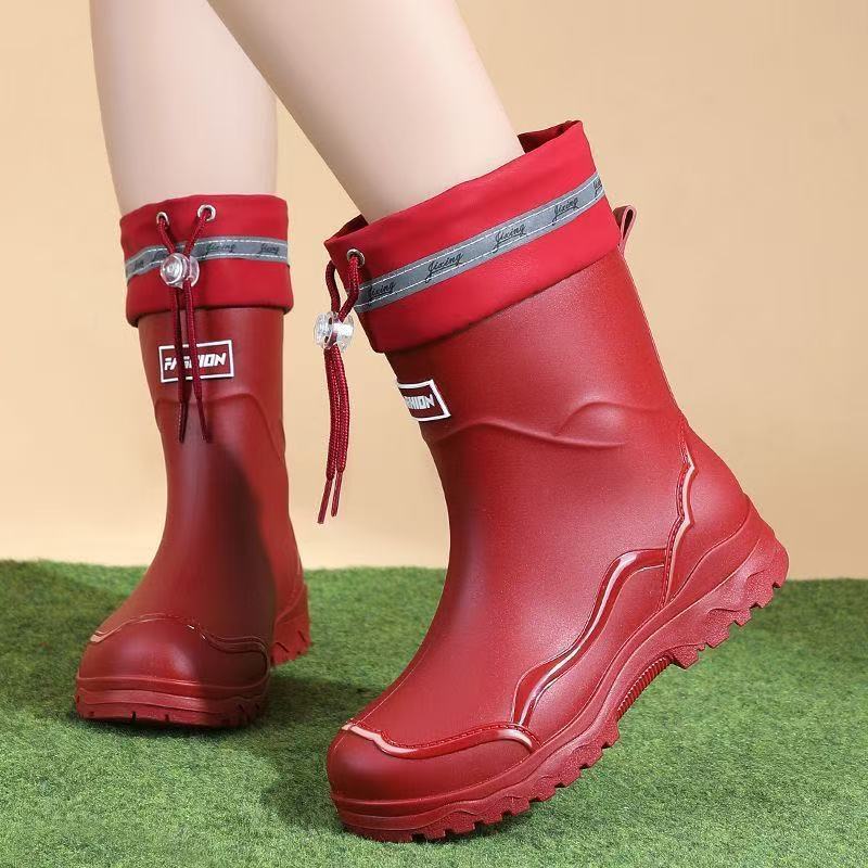 Cross-border rain boots, women's rubber shoes, adult fashion style, kitchen non-slip, fleece-lined, elasticated ankle, new waterproof shoes