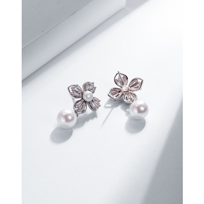 S925 plata esterlina perla Stud pendientes de las mujeres luz lujo nicho diseño elegante rebordear Flor de alta calidad joyería del oído