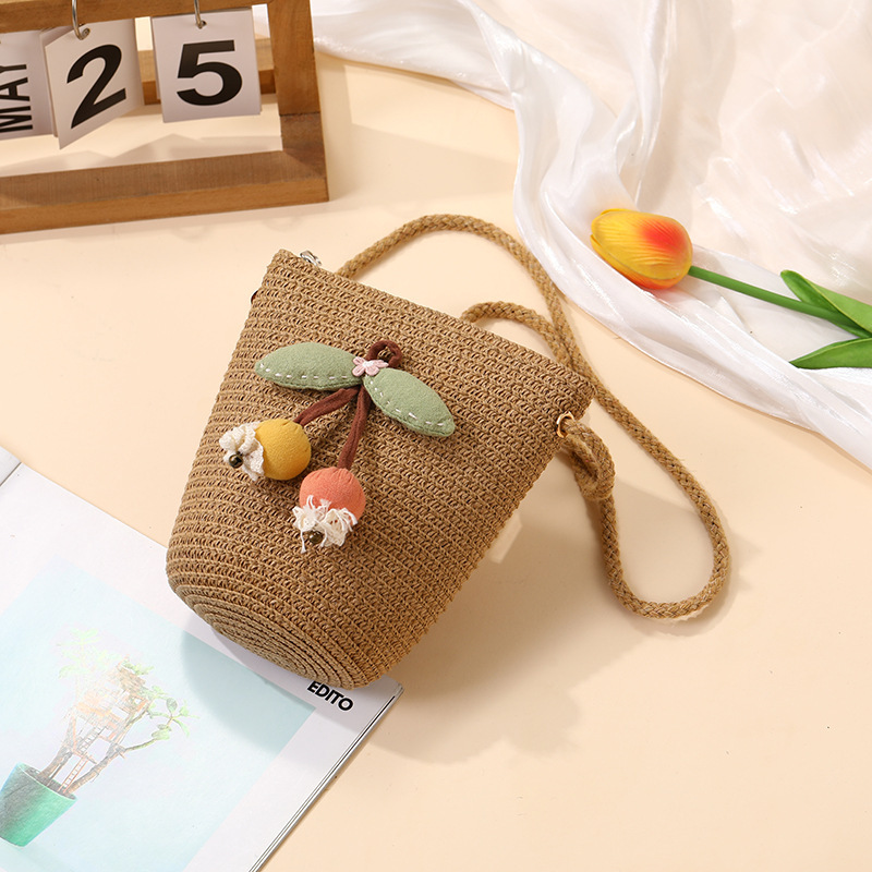 夏の海辺の子供用バッグ、スカート付きのかわいいチェリー織り、休暇用の麦わらバッグ、女の子の携帯電話のクロスボディバッグ|undefined