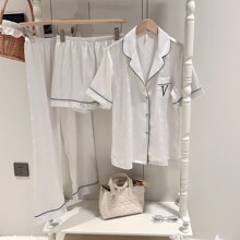 刺绣春夏季冰丝睡衣女维密同款短袖短裤开衫三件套薄可外穿家居服