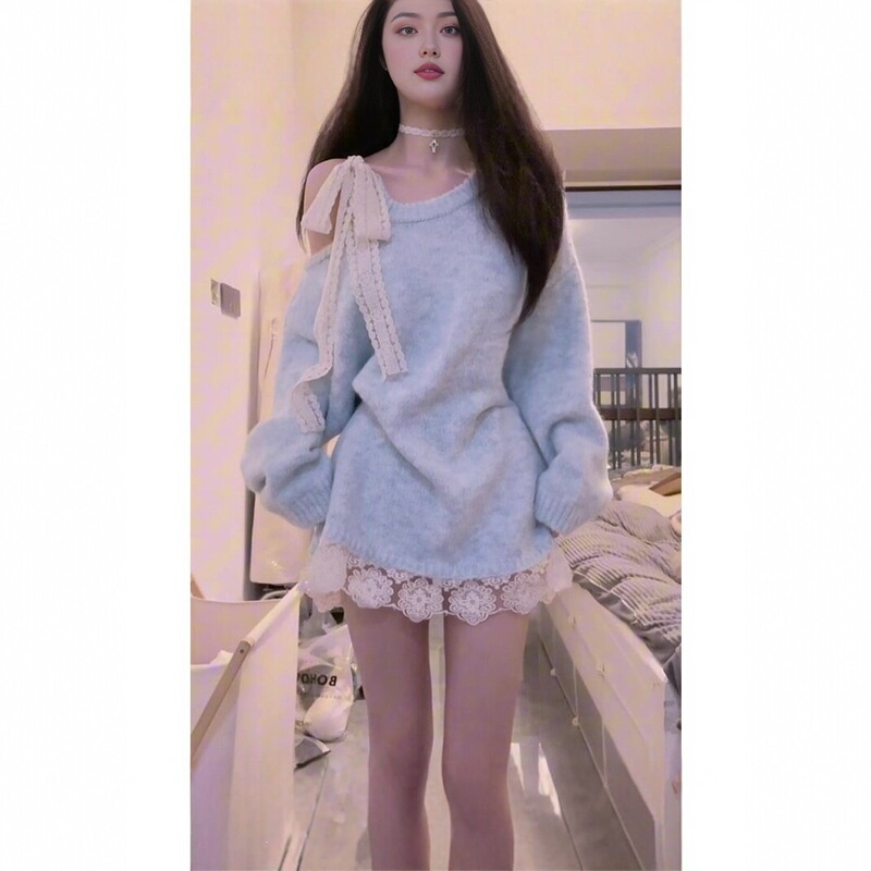 Korean-style high-end lace-up bowknot blue sweater for women, autumn and winter, casual off-shoulder thick top