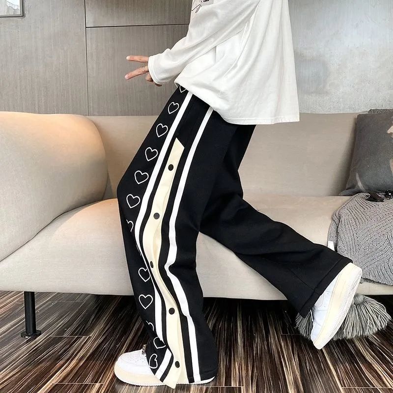 High Street Trendy Brand Love Casual Pants Men's Thin Design Sense Breasted Wide-leg Loose All-match Straight Sports Pants