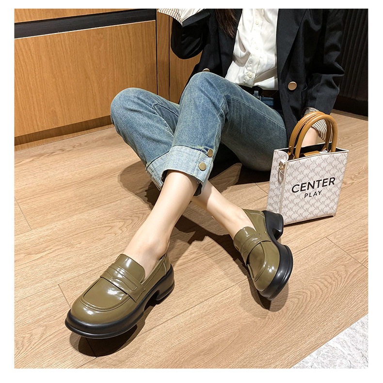 Giày lười nữ mũi tròn cổ điển đế dày tăng chiều cao, giày da nhỏ — Màu xanh lá, Màu đen chi tiết 19