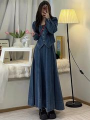 レトロ女神スタイルスカートツーピーススーツ女性のための 2025 春の新しいスタイルスクエアカラーデニムジャケット女性のための