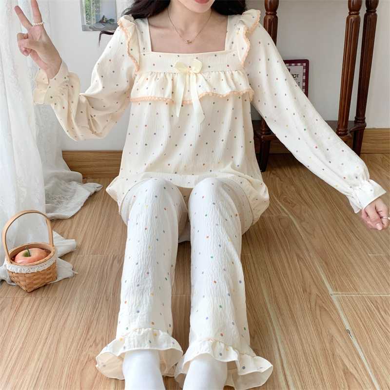 Cloud Cotton Belt Chest Pad Pajamas Women Autumn New Long Sleeve Trousers Sweet Lace Princess Style Home Clothes suit