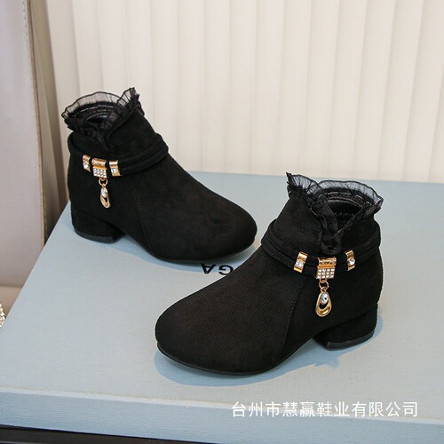 Children's Mid-Size New Girls Boots Knee-High Boots Black Single Boots Girl High Heel Lace Short Fall