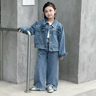女童烫钻毛边牛仔套装中大童外套直筒裤洋气两件套潮童装跨境批发