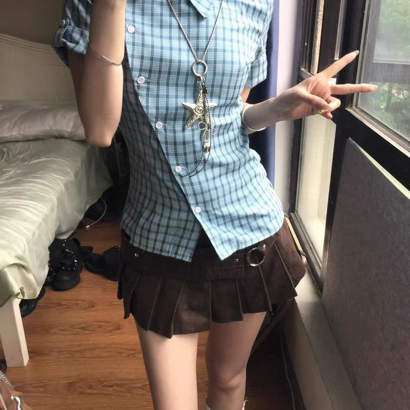蓝色格子短袖衬衫女夏季2025新款撞色格纹衬衣设计感小众收腰上衣|undefined
