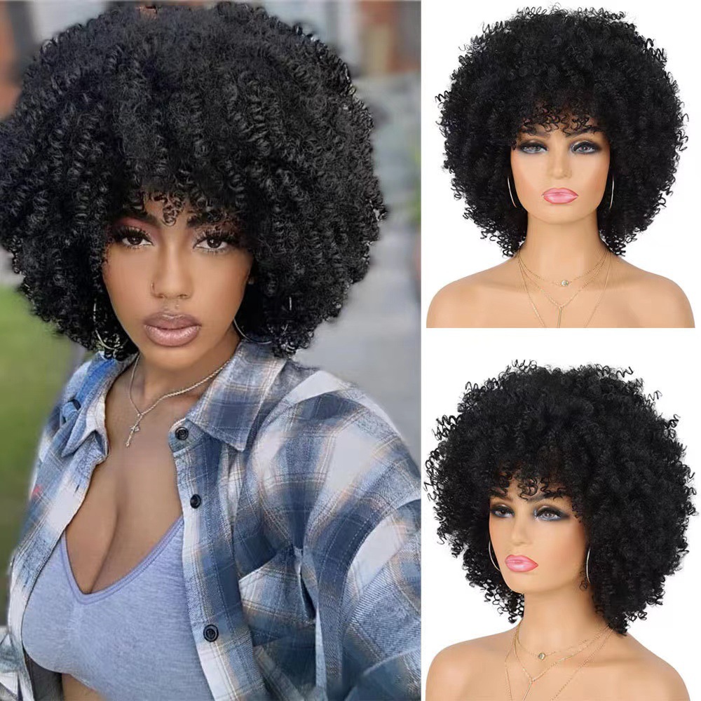Transfronterizo nuevo natural esponjoso corto pequeño rollo explosivo cabello rizado kinky mate de alta temperatura peluca cubierta de cabello