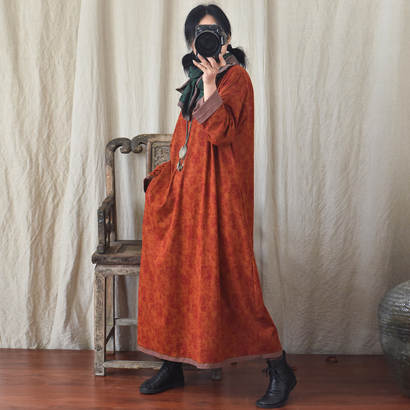Skylark/Original Spring Autumn and Summer Casual Light Mature Cotton and Linen Loose Long Dress Printed Knitted Robe Long T-shirt