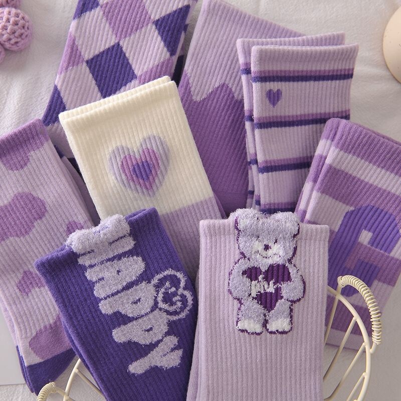 Purple Socks Women's Spring and Autumn Ins Fashionable Cotton Student Sports Feather Yarn Warm Bear Autumn and Winter Stockings Purple Socks Women's Spring and Autumn Ins Fashionable Cotton Student Sports Feather Yarn Warm Bear Autumn and Winter Stockings