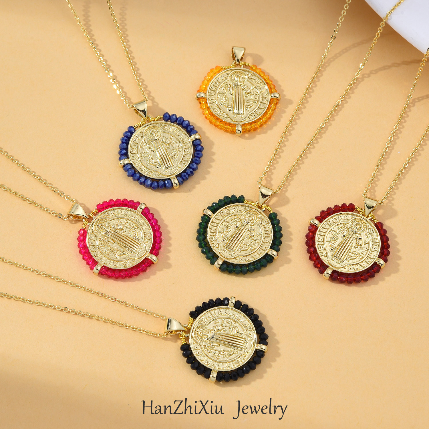 Europa y los Estados Unidos transfronterizos nuevos collares redondos de color de la Virgen María de moda retro collar de perlas geométricas joyas para mujeres