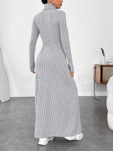 Women's European and American Autumn/Winter Elegance Ruffled High Collar Fashion Solid Color Pilling Long Sleeve Dress New Arrival