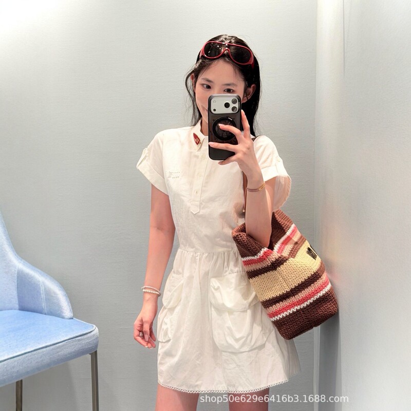 Miu Series High-End White Cotton and Linen Dress for Women, New Summer Style, Polo Collar A-Line Dress, Slimming Casual Style Short-Sleeve Dress