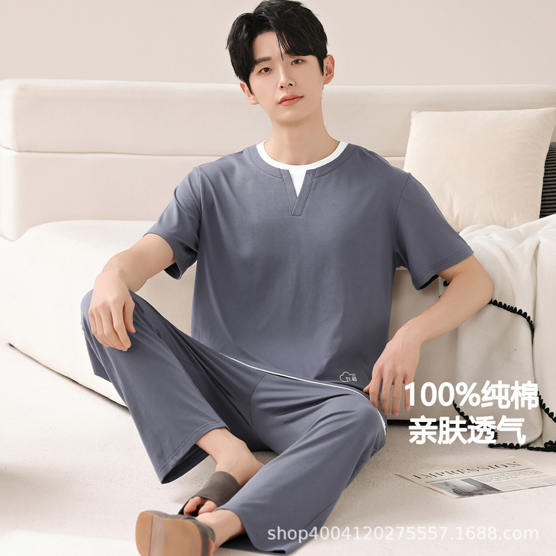 100% pure cotton men's pajamas, summer high-end short-sleeved long pants, casual plus-size all-cotton home wear set suitable for outdoor wear 100% pure cotton men's pajamas, summer high-end short-sleeved long pants, casual plus-size all-cotton home wear set suitable for outdoor wear