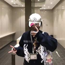 秋冬美式复古费尔岛提花针织开衫男女休闲宽松加厚毛衣外套图片色