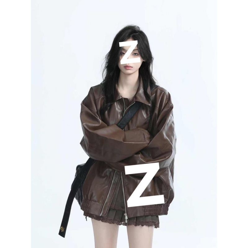 Retro Motorcycle Jacket Black Leather Jacket Women's Spring and Autumn Heavyweight Loose Jacket Top Starting from One Piece