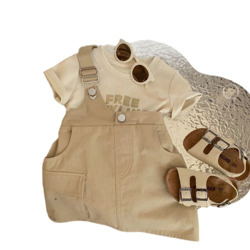 Cream Spring Style Mother and Daughter Set, Summer Street Style Parent-Child Outfit, Girl's Letter T-shirt with Overalls