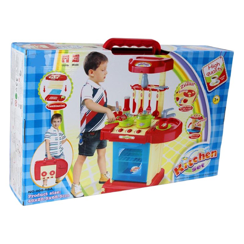 Fábrica al por mayor de los niños de simulación de cocina play House juguetes traje caja de almacenamiento portátil con luz efecto de sonido Juguetes