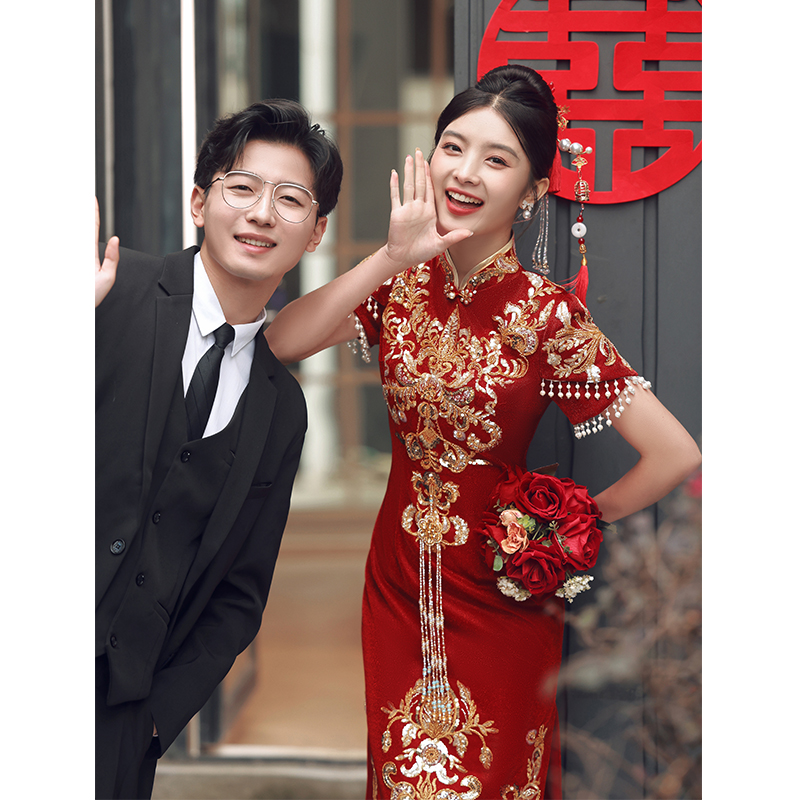 Chinese-Style Toast Dress Cheongsam 5 New Burgundy Xiuhe Dress Light Luxury Niche High-End Bridal Engagement Dress