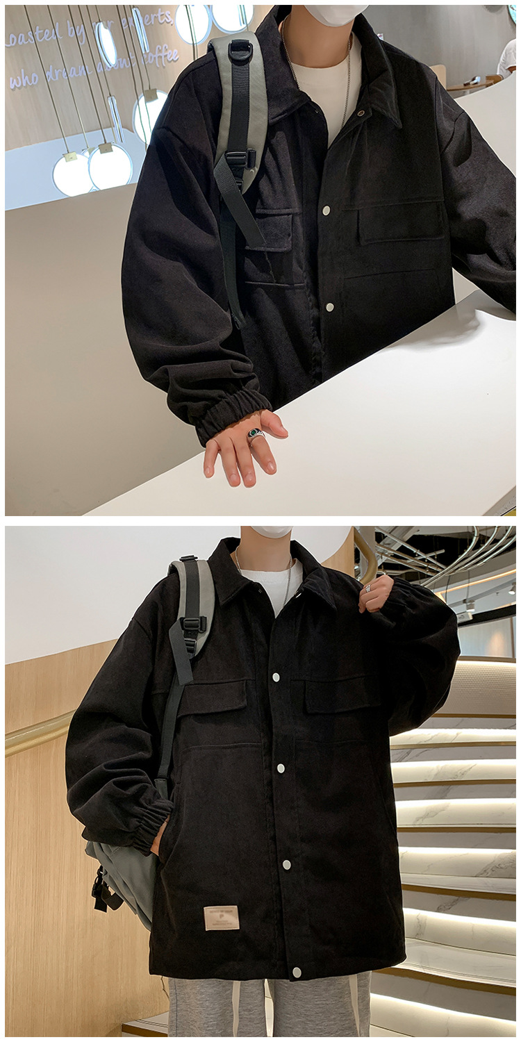 ​​Men's Suede-Like Shirt Jacket – Oversized Casual Workwear Coat For Spring & Fall (Black/Grey, Standard Fit, Machine Washable)​​_voghion.com