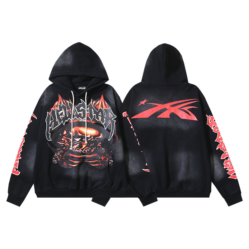 Hellstar ヨーロッパとアメリカのトレンディなブランド、ハイストリート、レトロ、ウォッシュド、ダメージ加工、プリント、ストリート、ルーズフィットのパーカー、男性用と女性用のスウェットシャツ|undefined