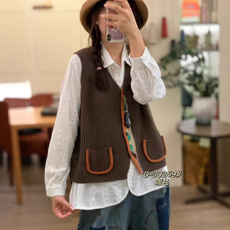 2025秋韩版宽松文艺V领双口袋针织马甲百搭休闲无袖上衣女D-30259|undefined