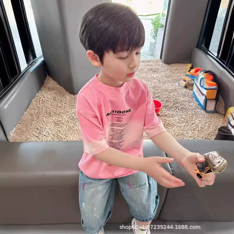 Fuchsia summer children's fashionable T-shirt for boys, gradient, western style, internet celebrity