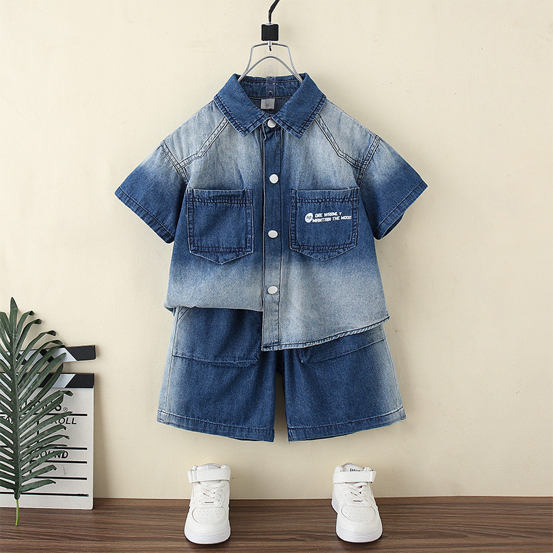 7381 traje de verano para niños camisa de mezclilla para niños pantalones cortos de manga corta 2025 nuevo estilo bebé versión coreana pantalones de cinco puntos marea