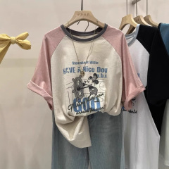特大サイズ純綿300斤日系復古肩袖半袖tシャツ女性夏韓国版ゆるい半袖服