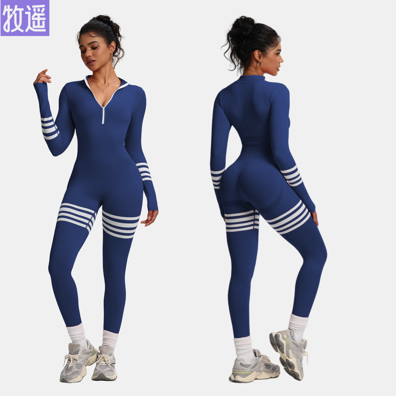 Muyao Foreign Trade Seamless Striped Zipper Long Yoga Suit for Women Outdoor Long Sleeve One-Piece Pants Sports Fitness
