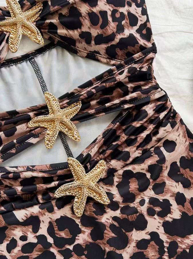 Textured Ruffle Strap One-Piece Swimsuit With Starfish Accent, Cutout Waist Design For Women's Vacation Hot Spring Wear_ecoleips.com