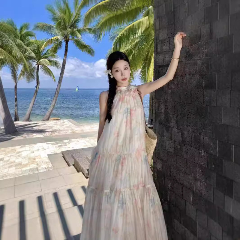 2024 Cross-border New Flower Room Neon Soft and Comfortable Tencel Blended Printed H-shaped Hanging Neck dress Seaside