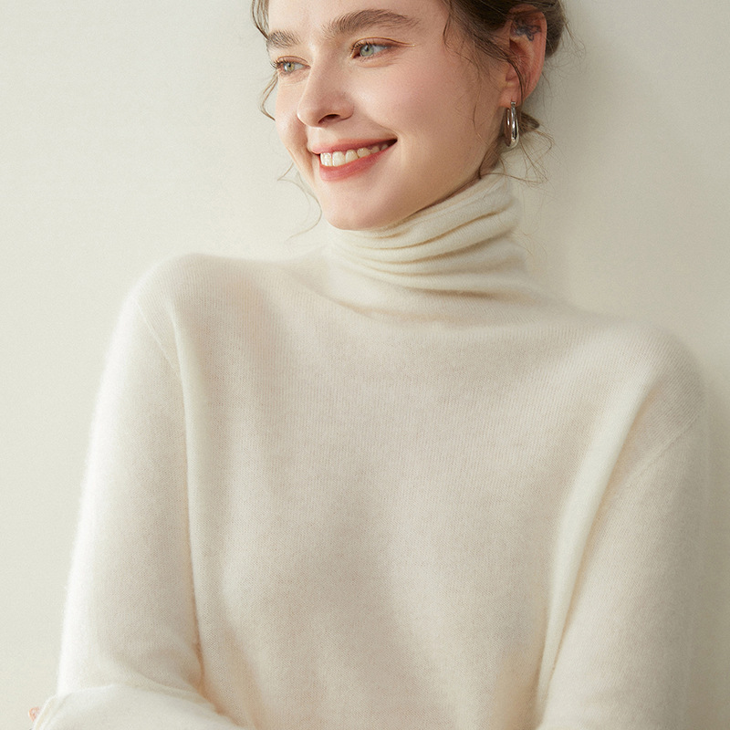 High-End Cashmere Sweater for Women, Turtleneck Knitwear for Autumn and Winter, Solid Color Slouchy Collar Cashmere Base Sweater