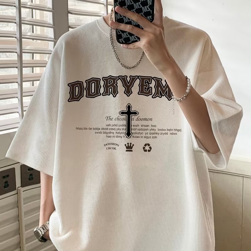 [Shake a generation of hair] Hong Kong style waffle loose printed short sleeve T-shirt men's half sleeve five sleeve T-shirt