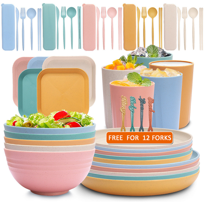 Cross-Border Wheat Straw Soup Bowl, Plate, Cup Set, Salad Bowl, Pasta Plate, Household Portable Cutlery, Knife, Fork, Spoon, Chopsticks Tableware